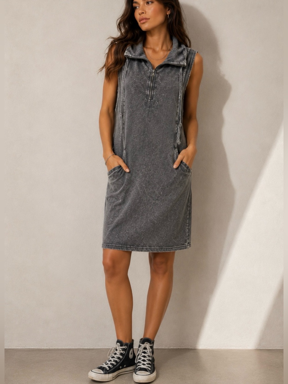Beau Jours Gray Mineral Wash Sleeveless Hoodie Dress Size‎ S Zip Neck Ribbed Y2K